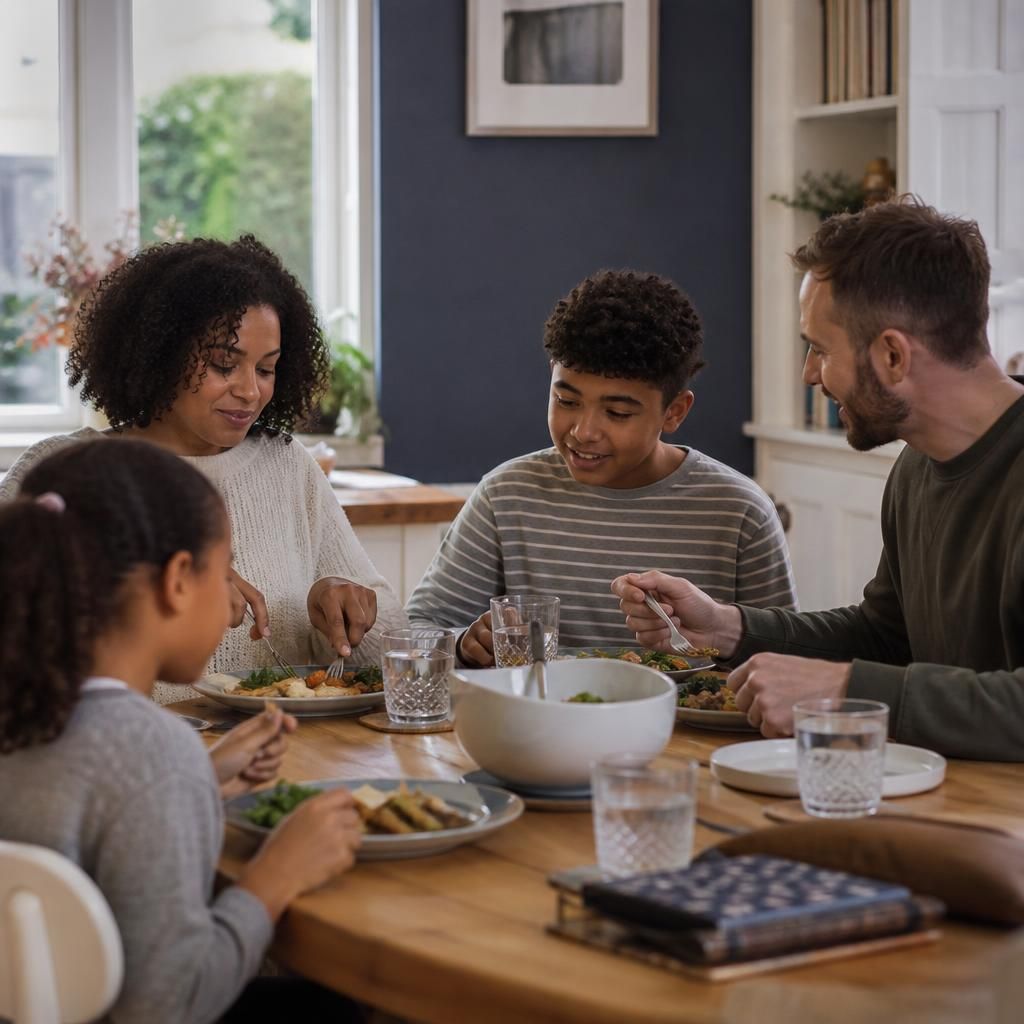 Foster family sharing a quiet meal at home