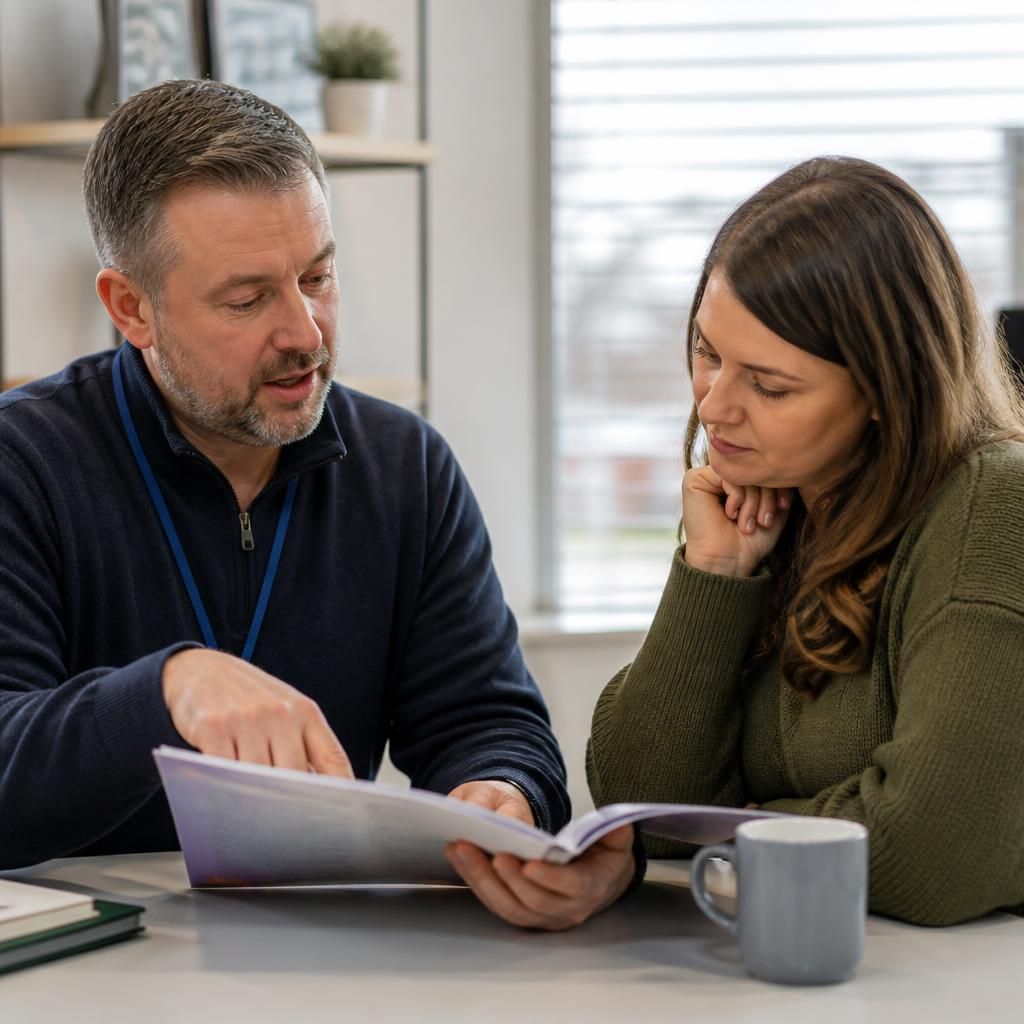 Foster carer reviewing training materials with a course trainer