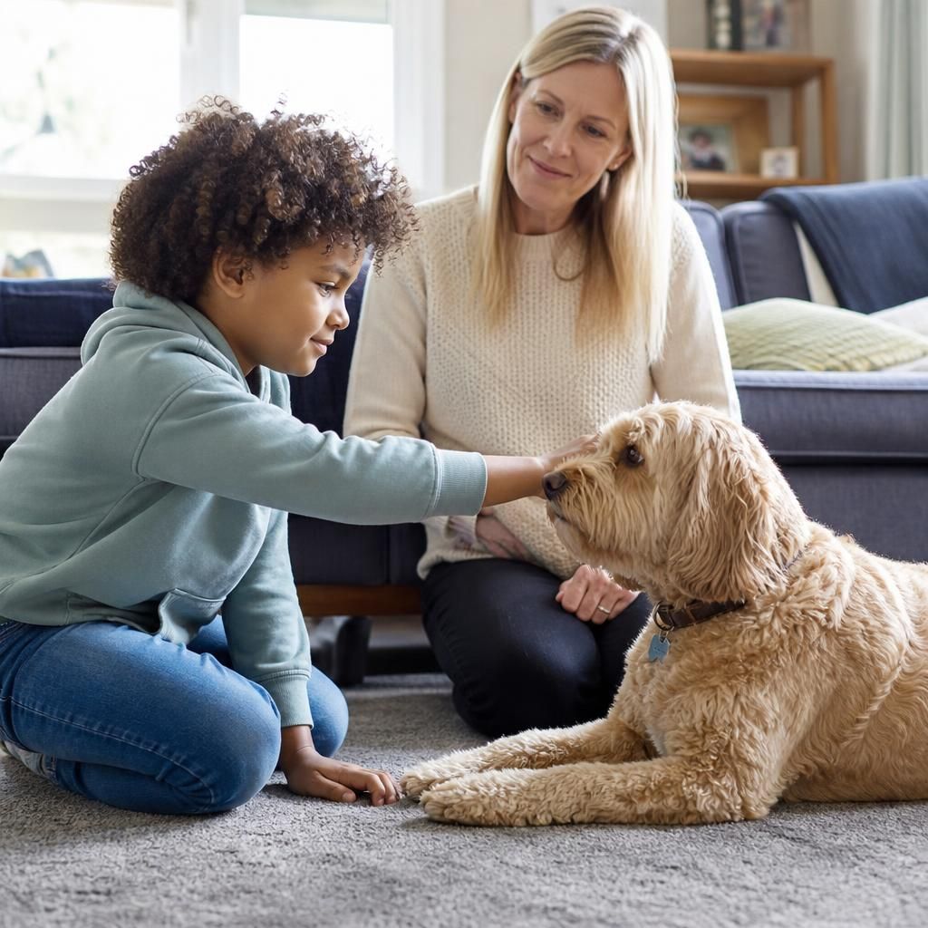 Foster carer supervising a child meeting a family dog in the home