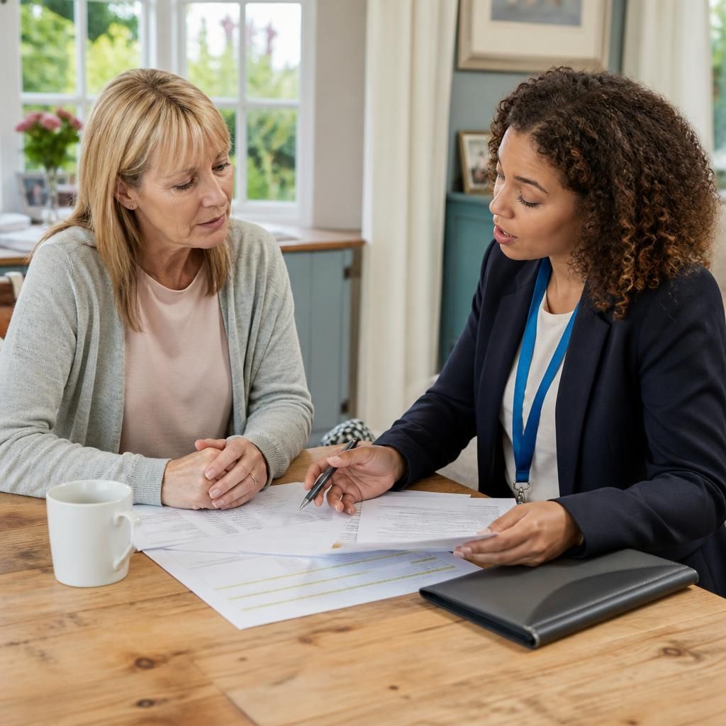 Social worker discussing paperwork with a kinship carer at a table