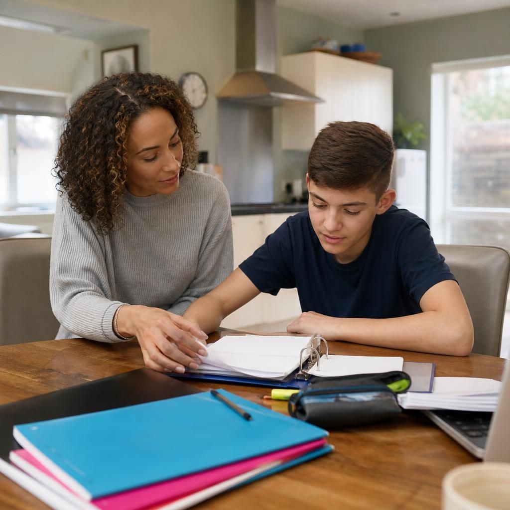 Foster carer helping a young person organise school materials