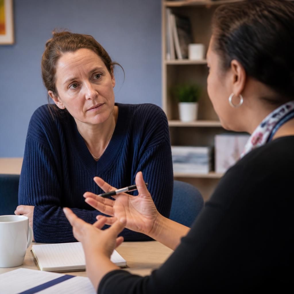 Foster carer taking part in a training discussion with a social care professional