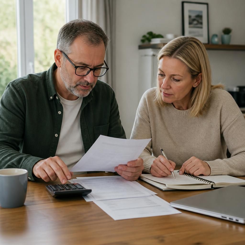 Foster carer reviewing payment records and tax documents at a desk