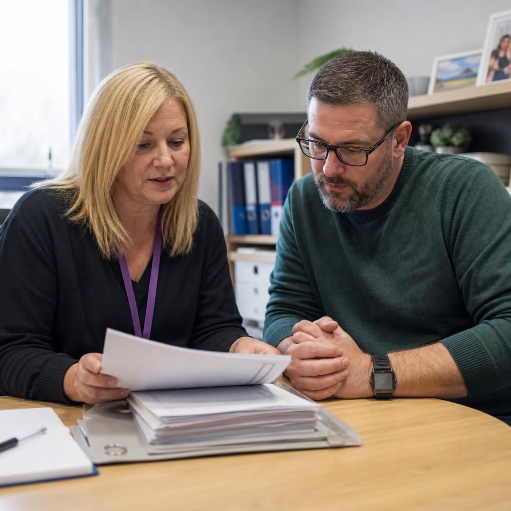 Foster carer and social worker reviewing confidential placement records at a desk