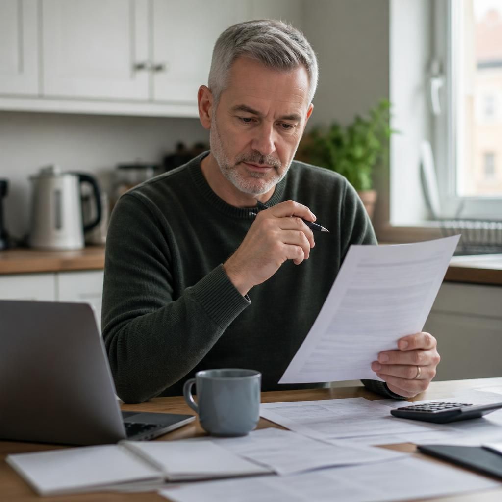 Foster carer reviewing application documents at a kitchen table