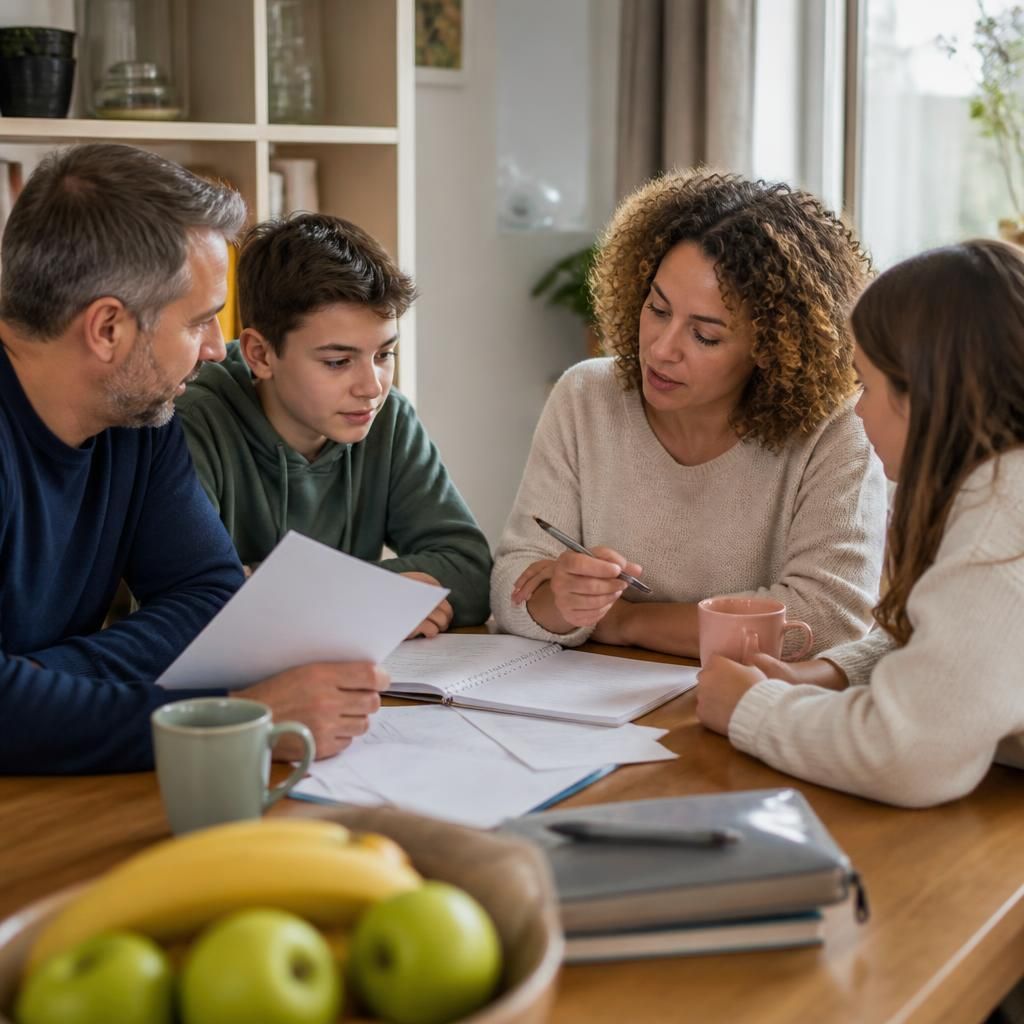 Family reviewing notes and discussing a planned support activity