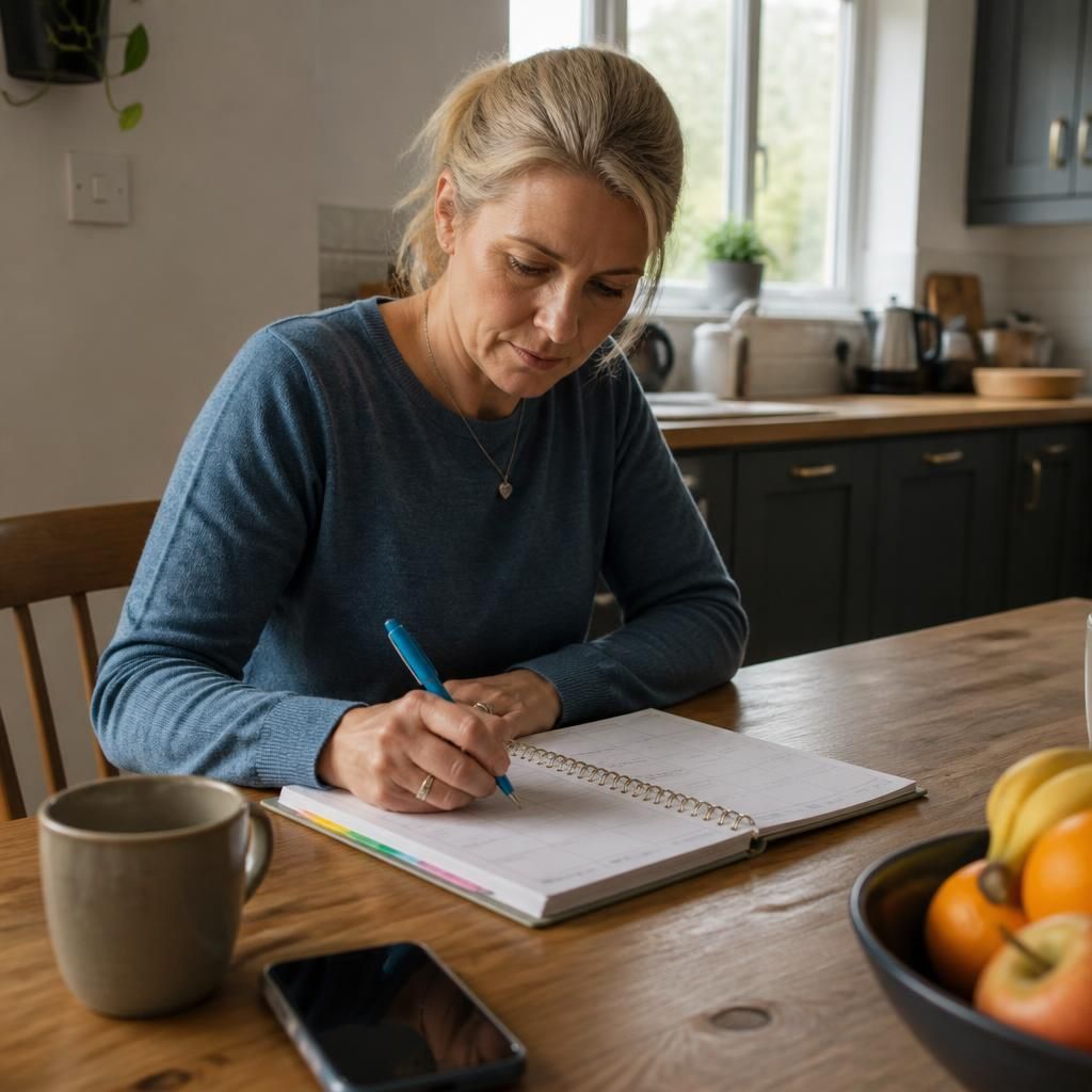 Foster carer writing in a weekly planner at a kitchen table