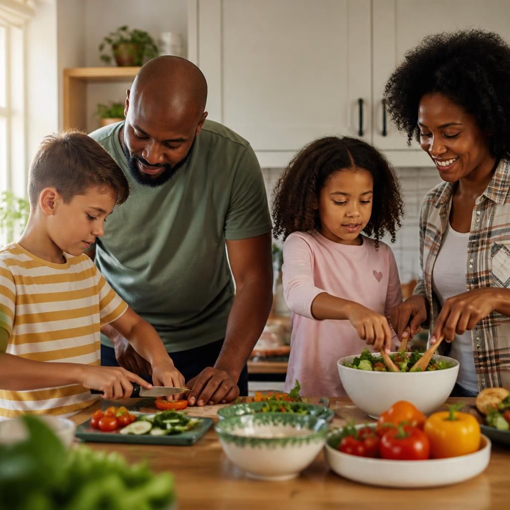 Family members preparing a meal together at home