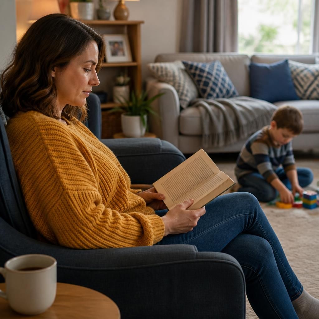 Foster parent reading a book while a child plays nearby