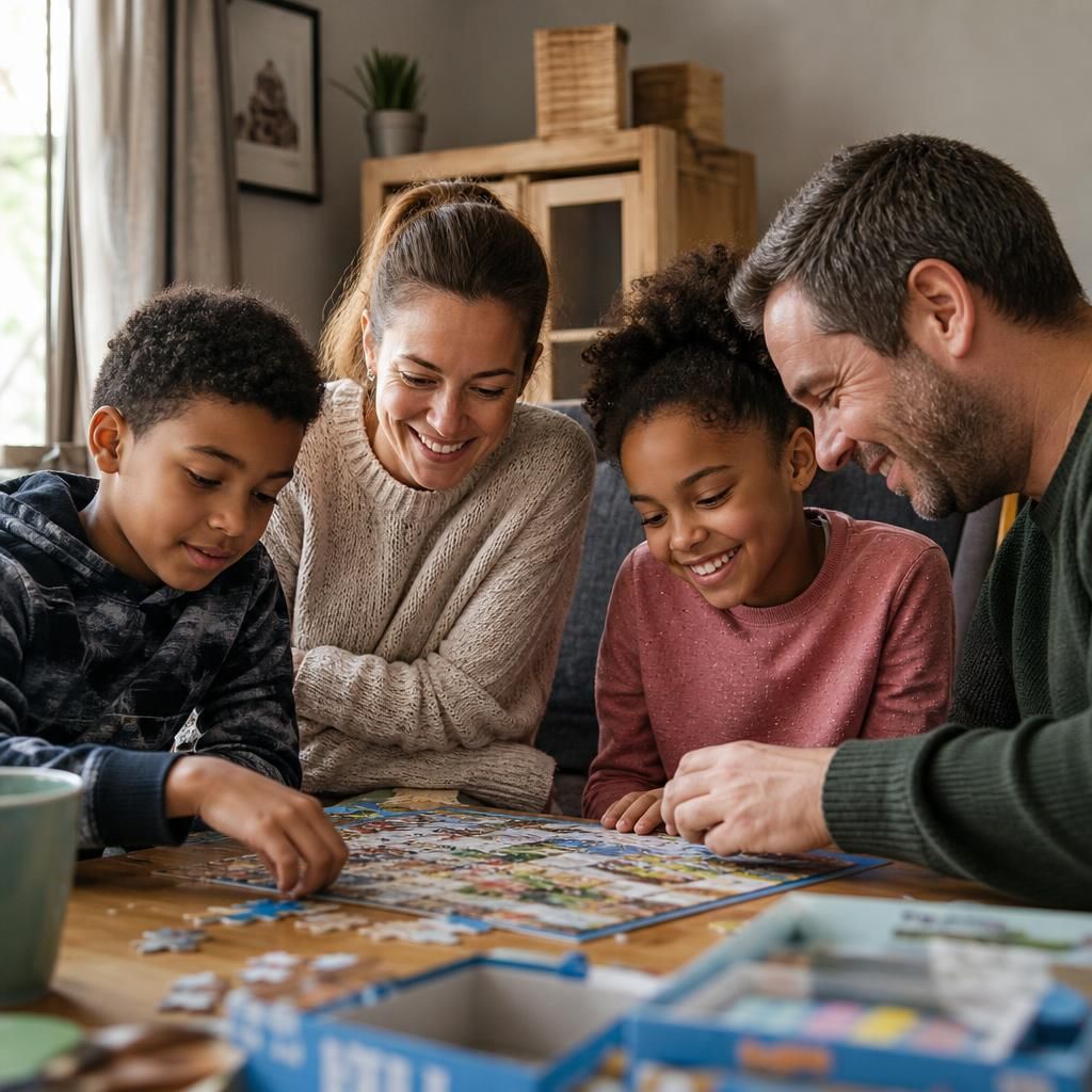 Foster family completing an activity together at home