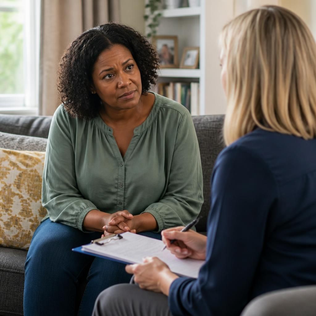 Kinship carer speaking with a social worker at home