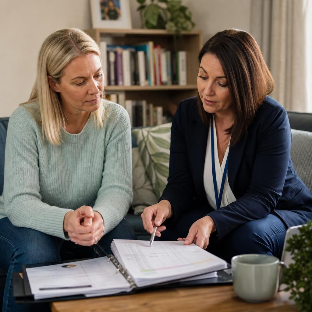 Foster carer and social worker reviewing a child's care plan together