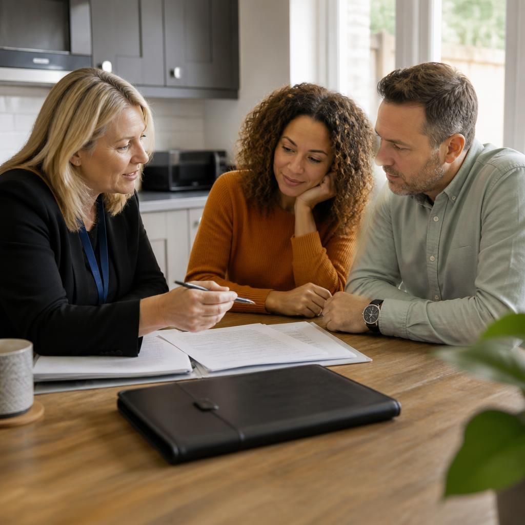 Social worker discussing fostering assessment documents with a prospective foster family