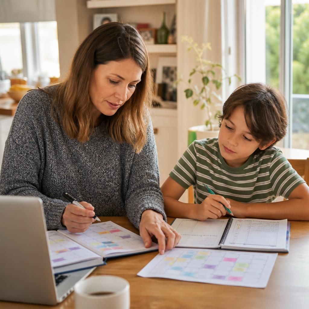 Foster carer reviewing a work schedule alongside a child’s school calendar