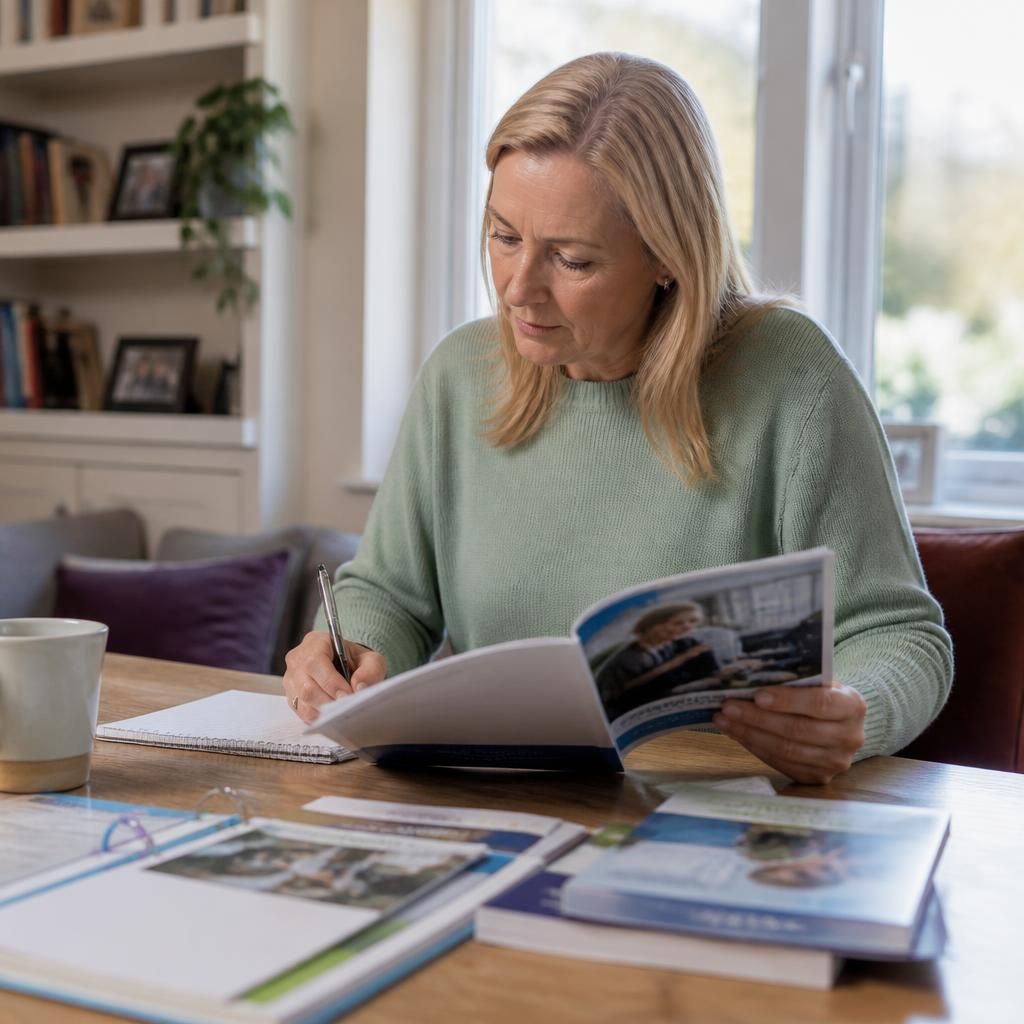 Foster carer reviewing training materials and notes at home