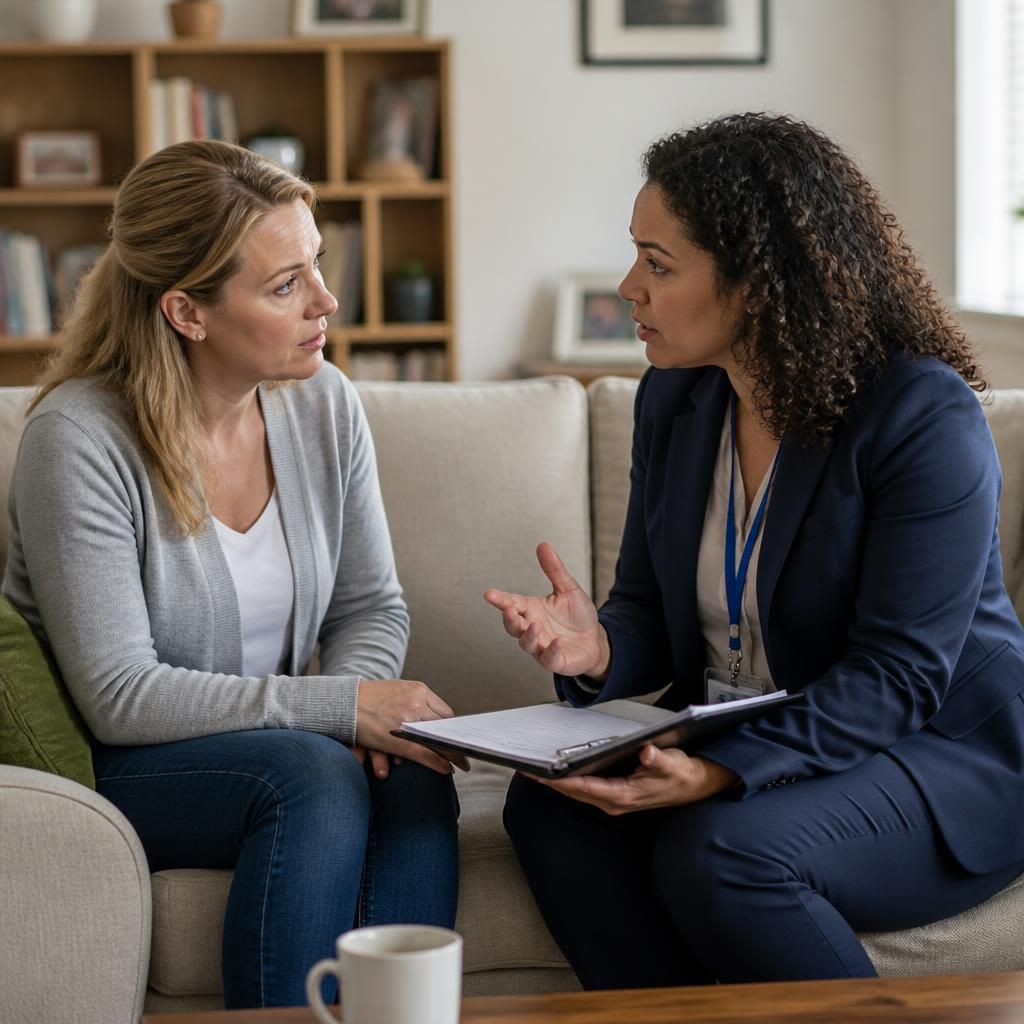 Social worker speaking with a prospective foster carer at home