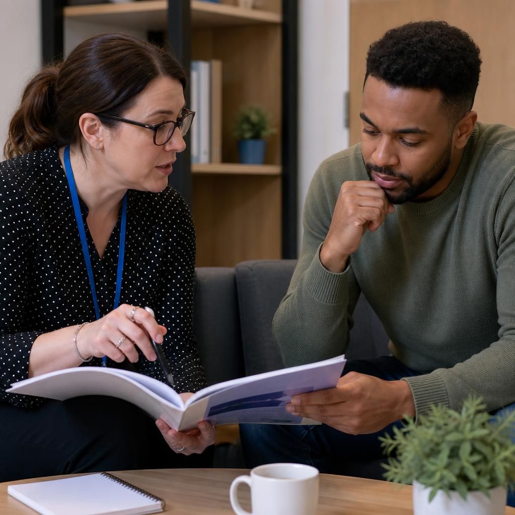 Prospective foster carer reviewing training materials with a trainer