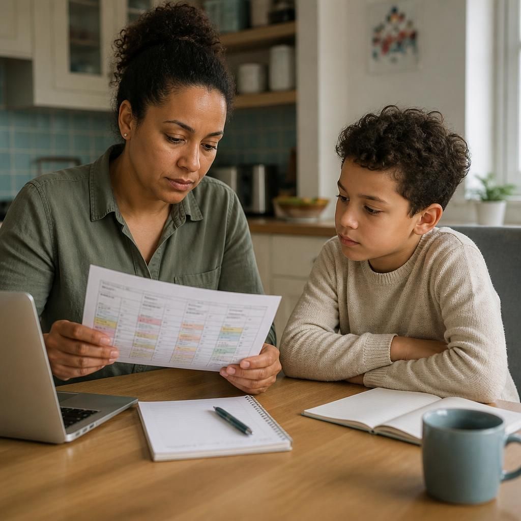 Foster carer reviewing a work rota and a child’s daily care plan at a kitchen table