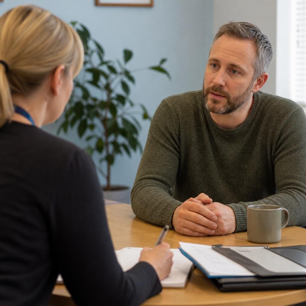 Foster carer speaking with a social worker during a safeguarding meeting