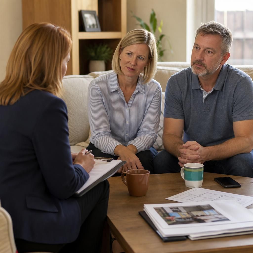 Supervising social worker discussing household arrangements with foster carers at home