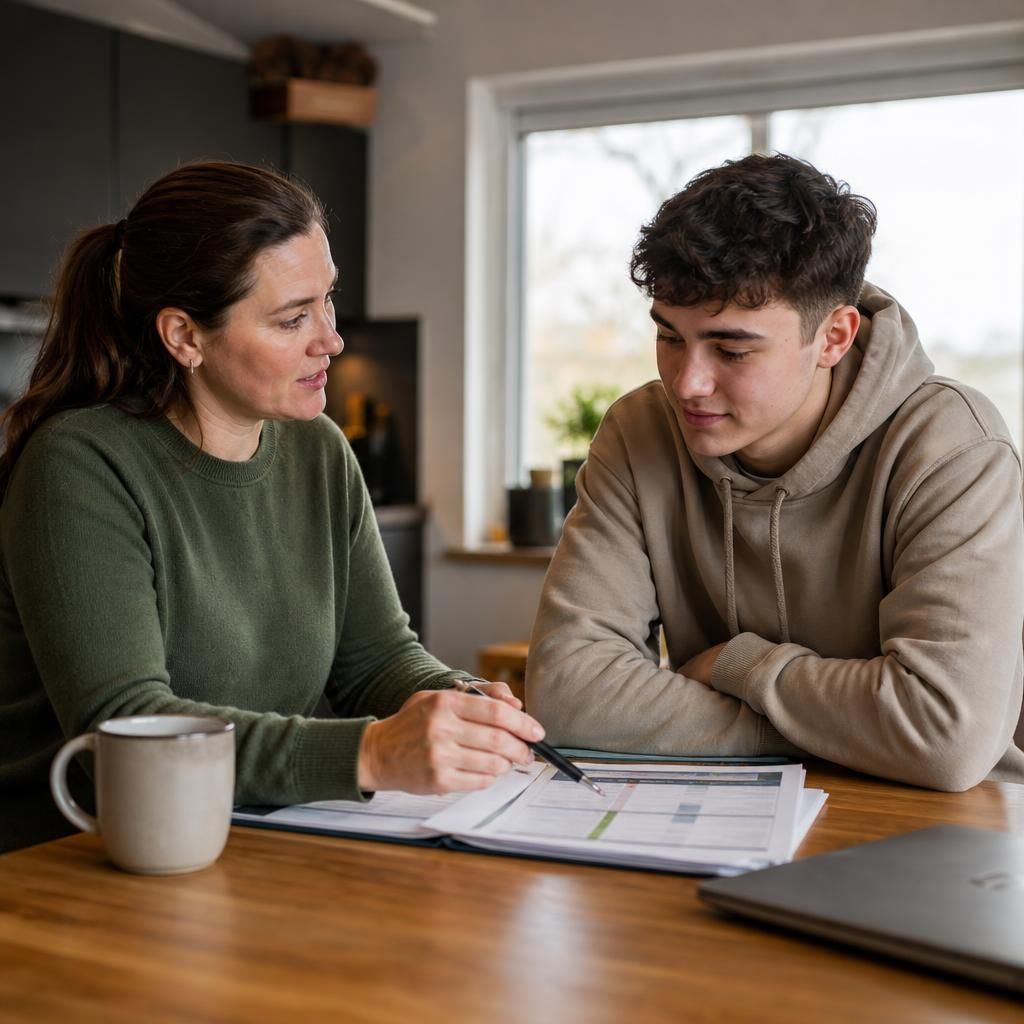 Foster carer and young person reviewing an independent living plan at a table