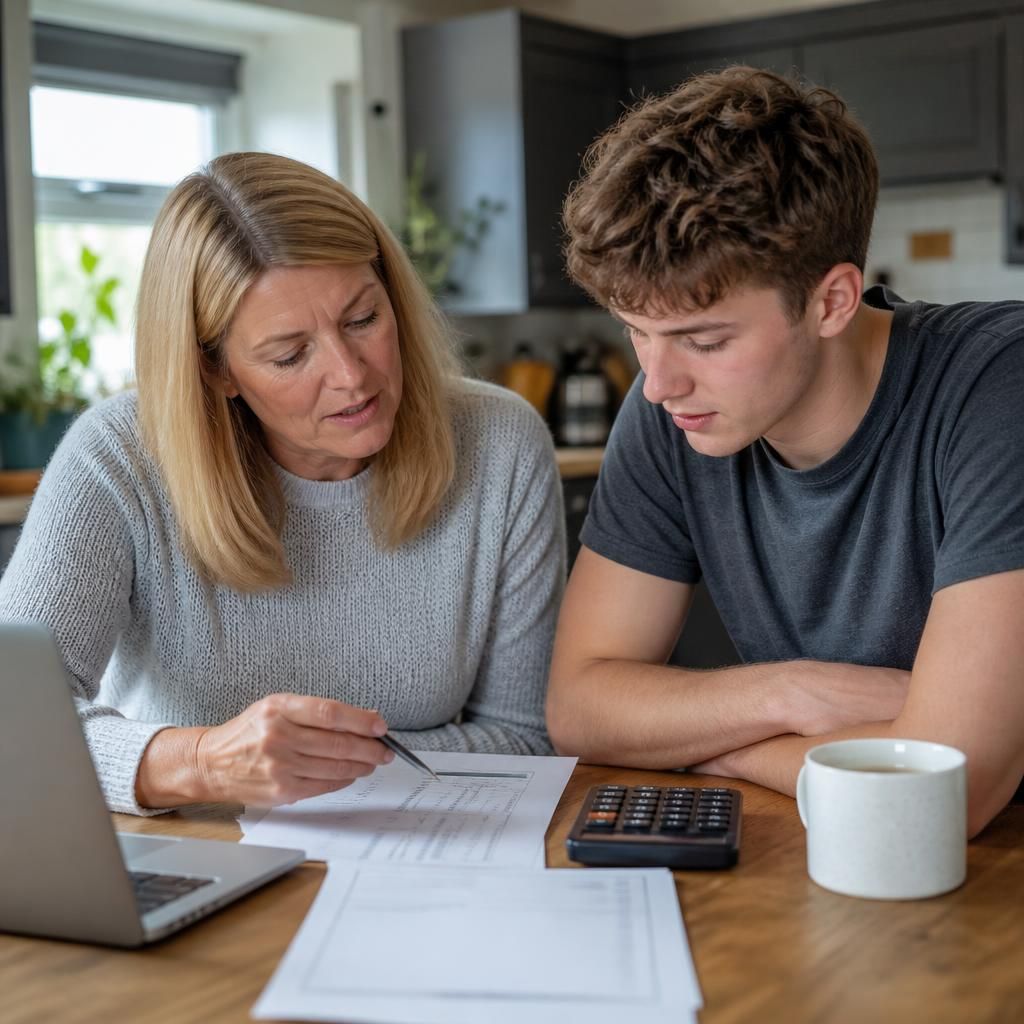 Foster carer and young adult reviewing household finances together