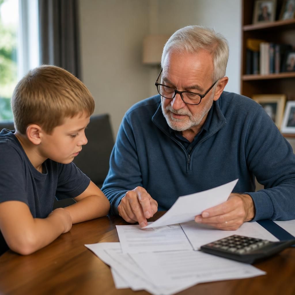 Grandparent and child discussing documents at a table