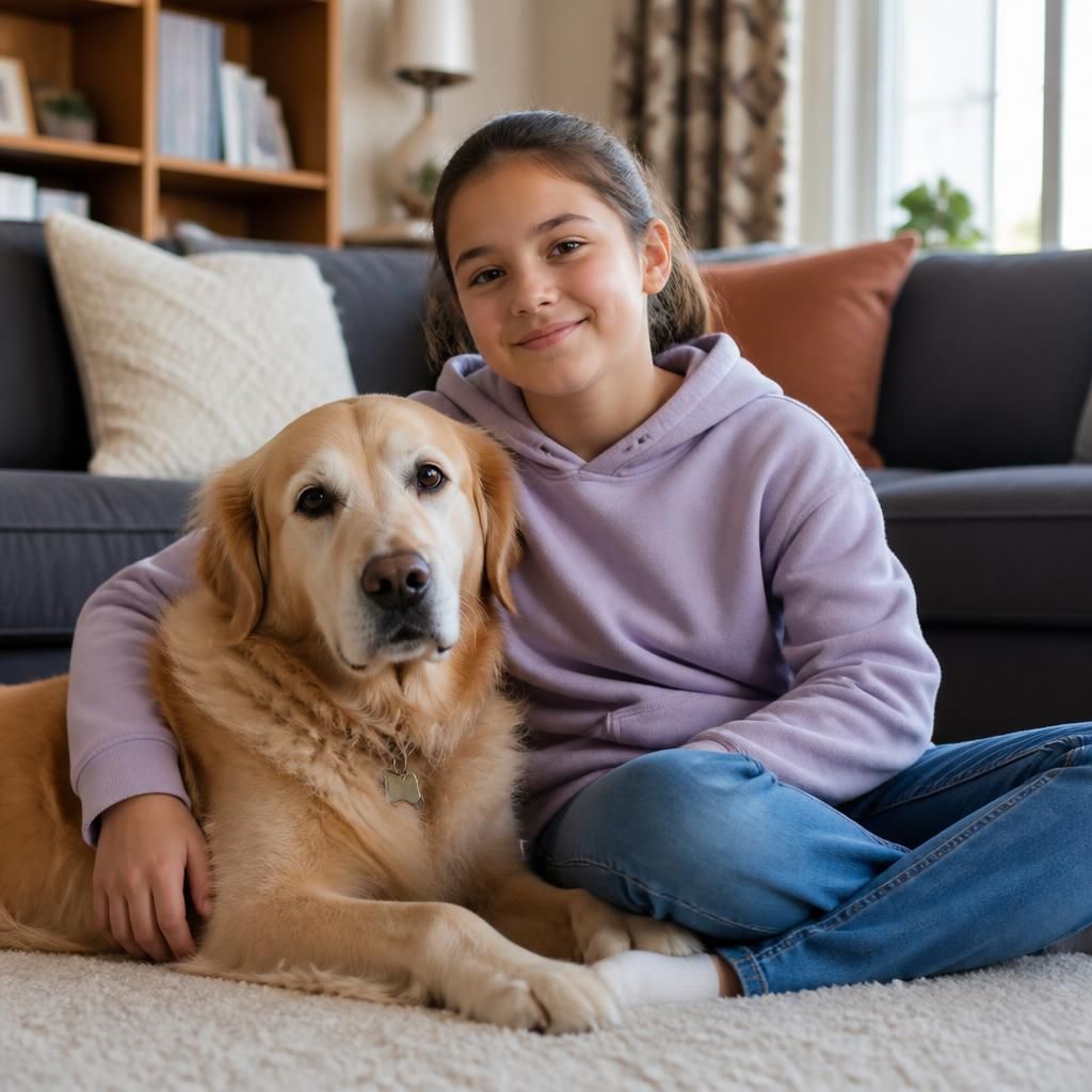 Child sitting beside a calm family dog in a living room