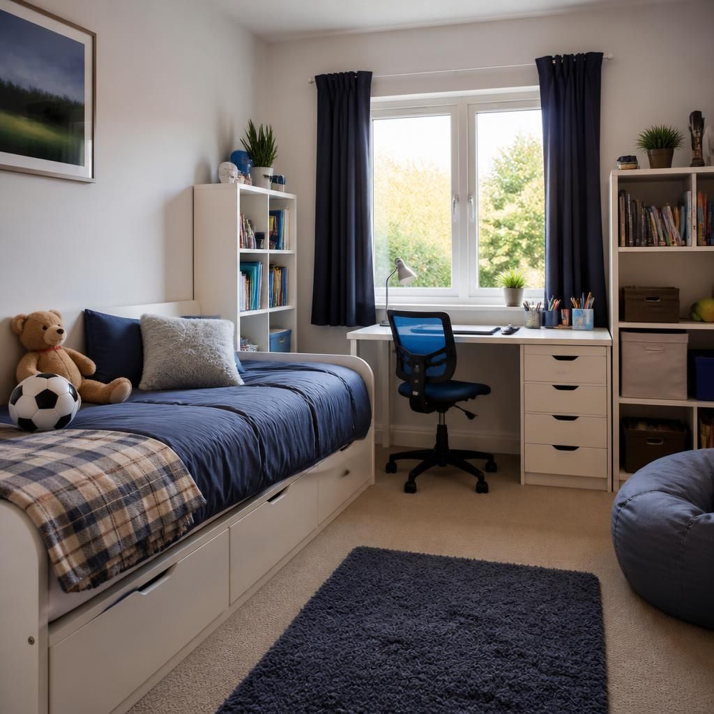 A child’s bedroom with a bed, storage and study space