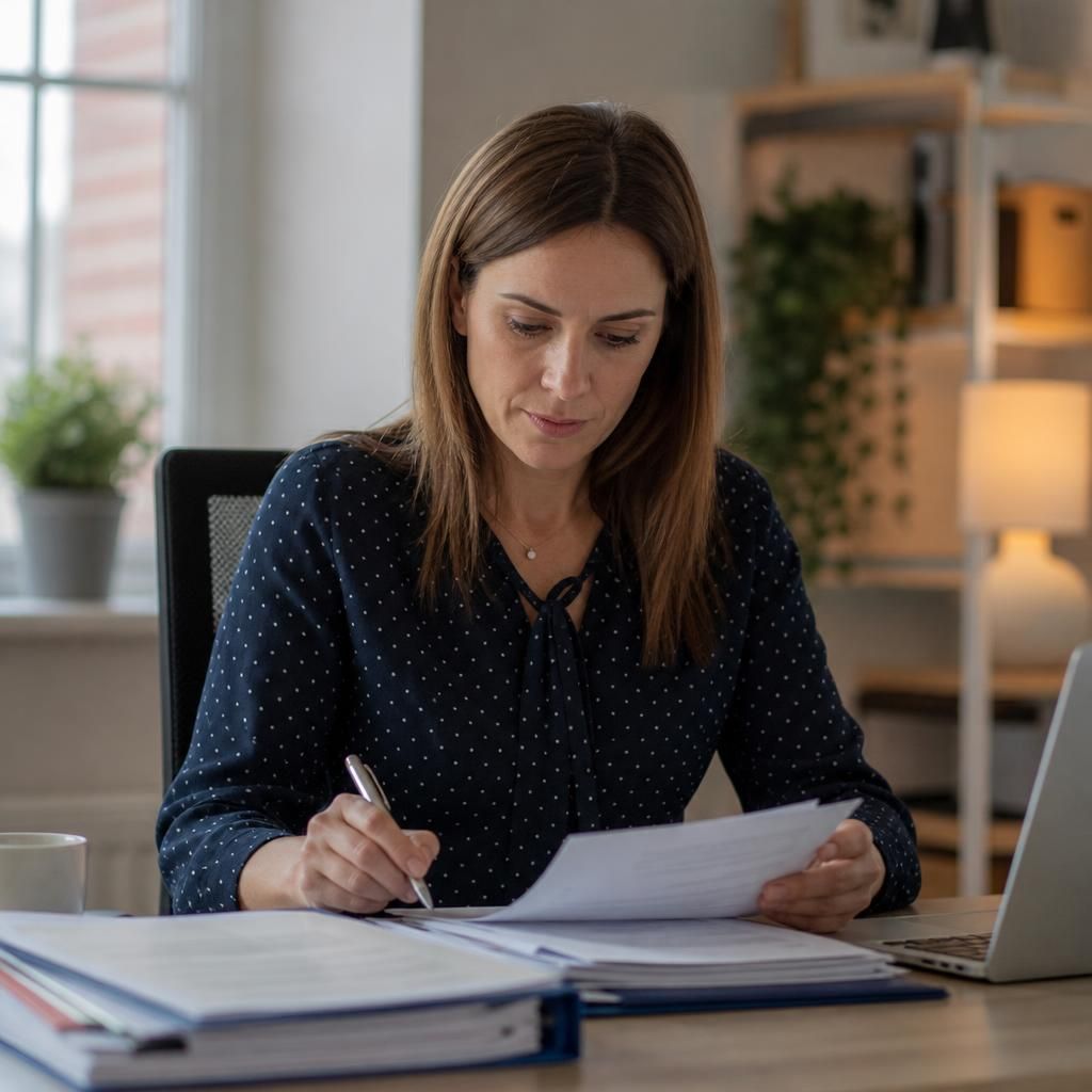 Fostering assessor reviewing completed reference forms with notes and a pen