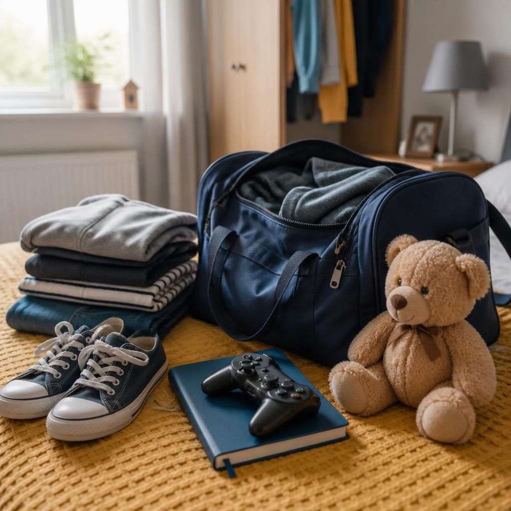 Child’s packed bag and personal belongings prepared for a move