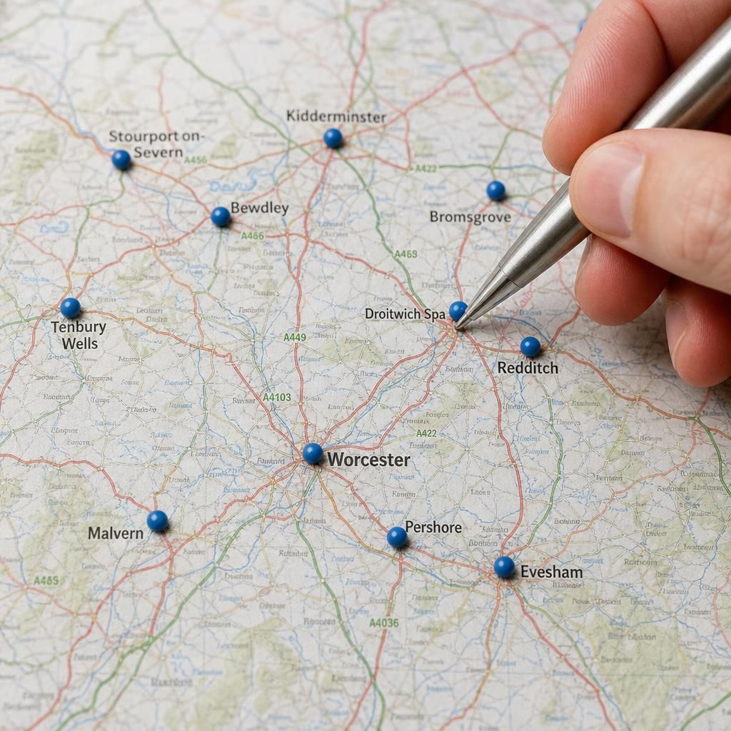 Map showing Worcestershire towns and surrounding fostering locations