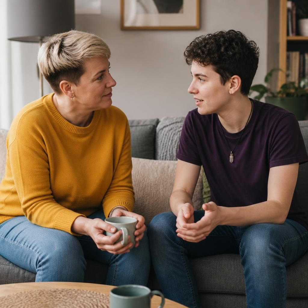 Foster carer and LGBTQ+ young person talking together at home