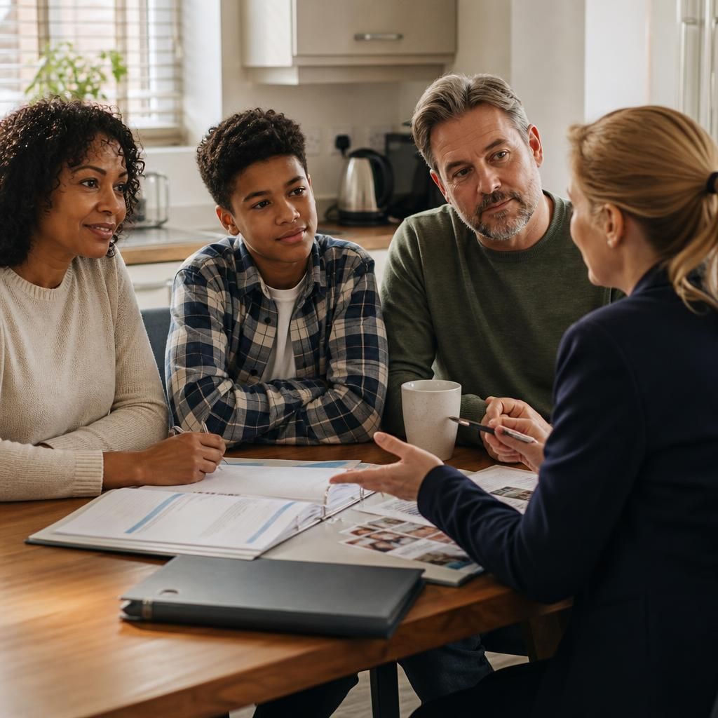 Family members discussing fostering with a social worker at a kitchen table