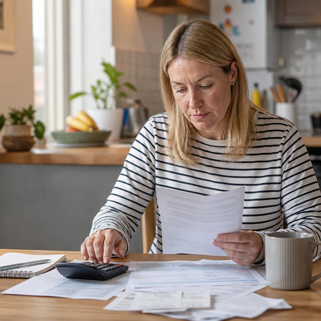 Foster carer reviewing household budget and payment documents at a kitchen table