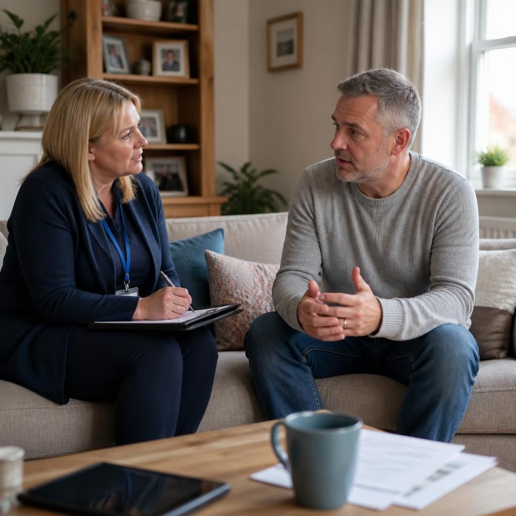 Foster carer speaking with a social worker during an assessment visit
