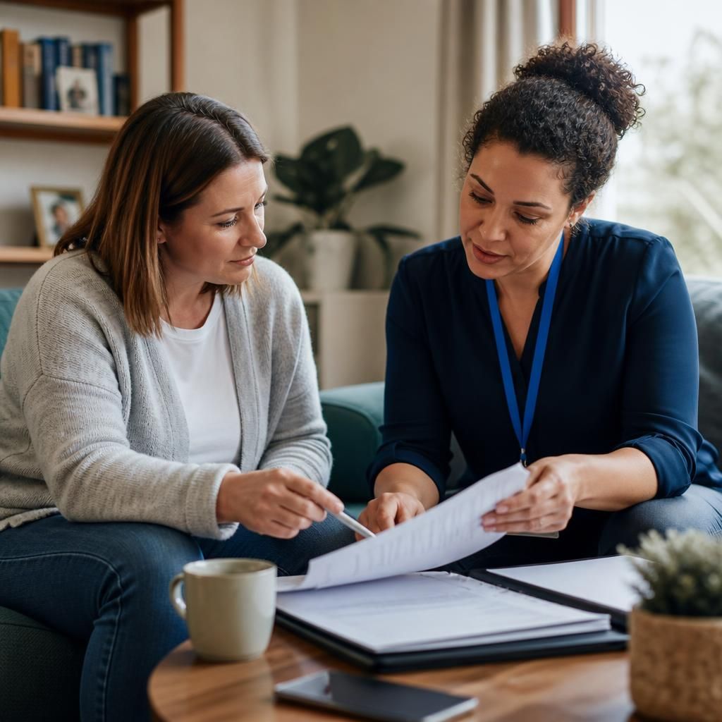 Foster carer reviewing a child’s personalised placement plan with a social worker