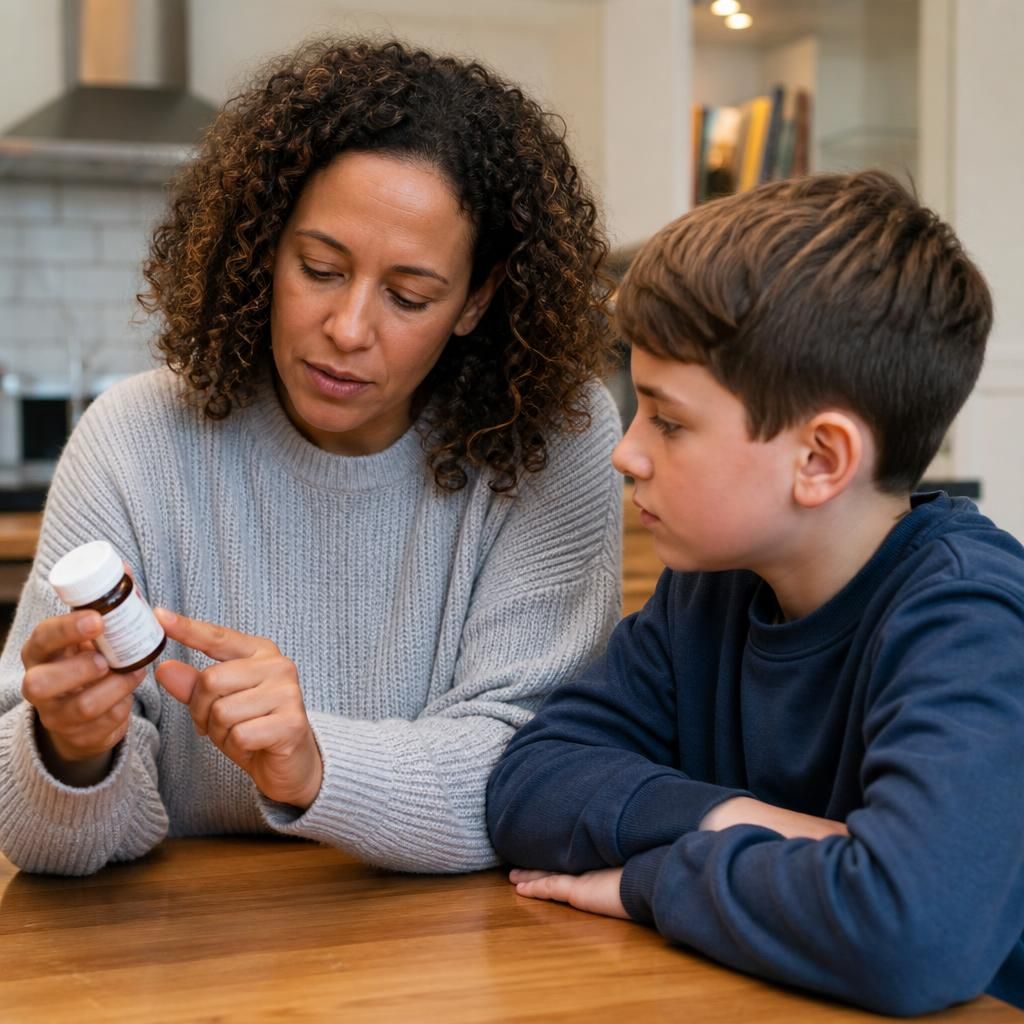 Foster carer discussing a medicine bottle with a child at a table
