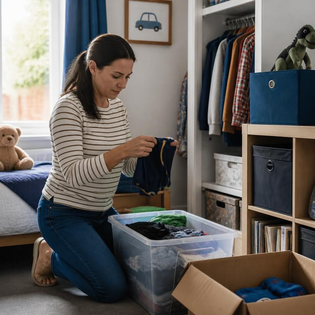 Foster carer organising a child's bedroom with storage boxes and clothing