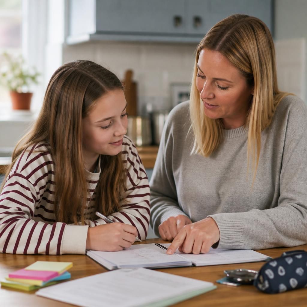 Foster carer and child discussing schoolwork at a kitchen table