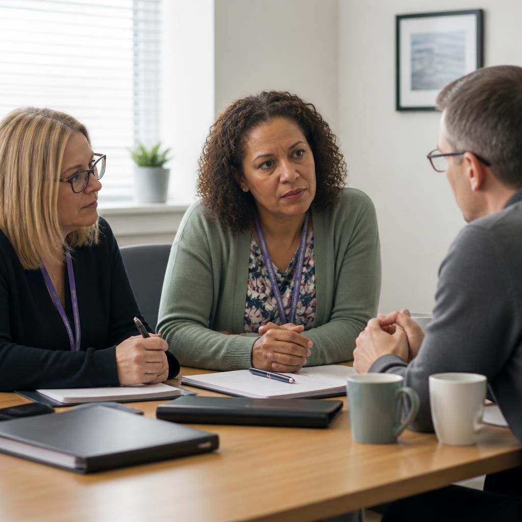 Foster carer speaking with social workers during a safeguarding meeting