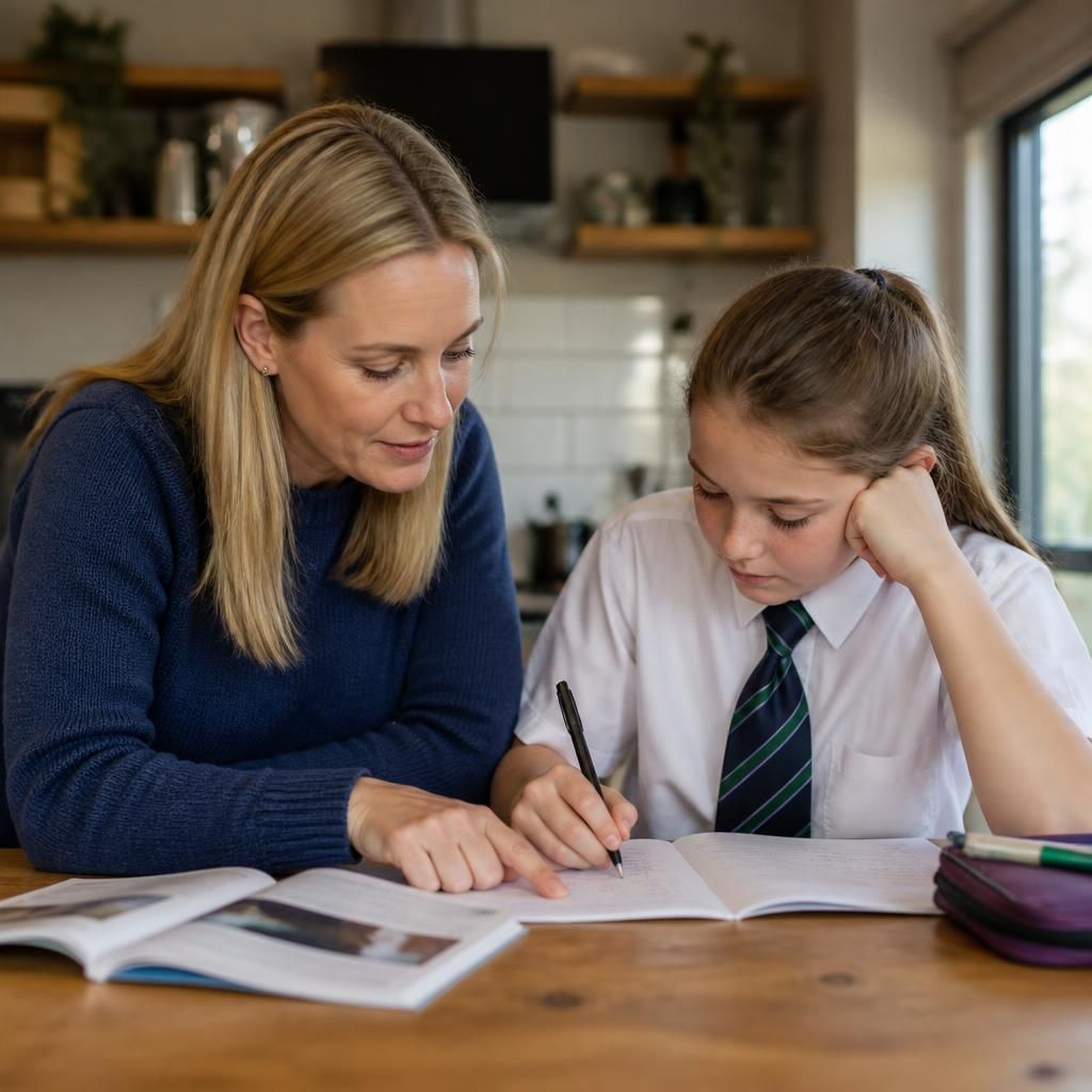 Teacher helping a child with homework at a kitchen table