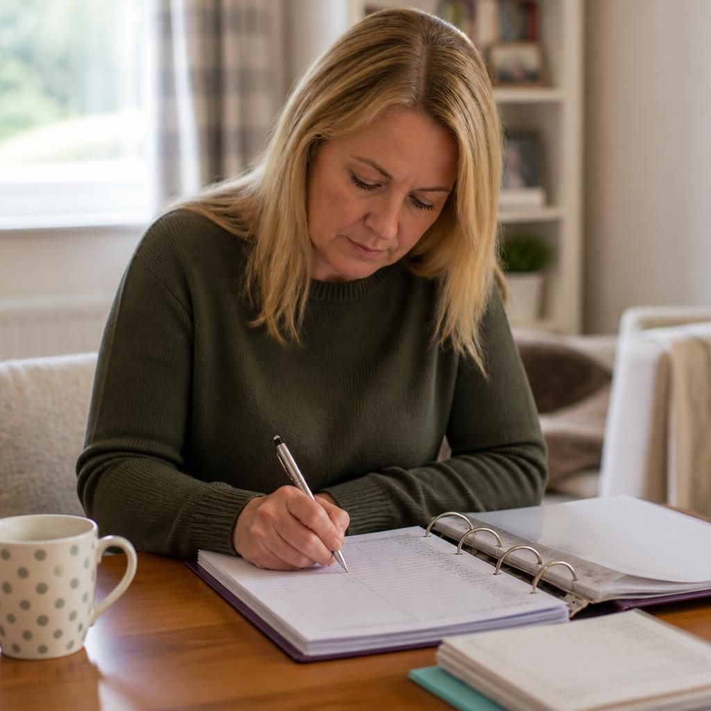 Foster carer writing notes in a placement record