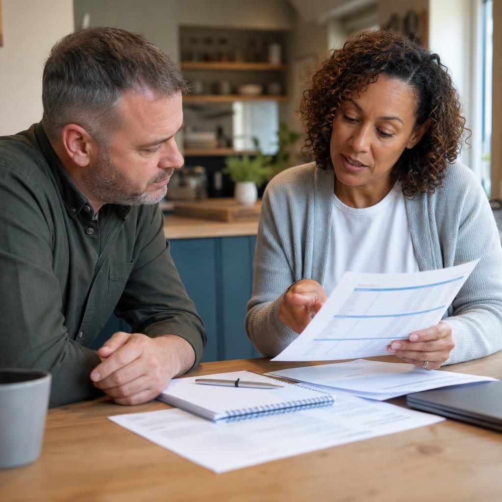 Foster carer reviewing a written breakdown of allowances and expenses with an adviser