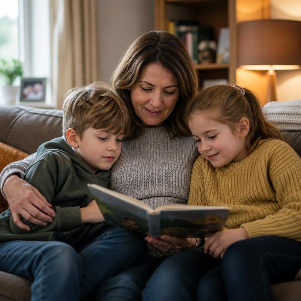 Foster carer sitting with two siblings reading together at home