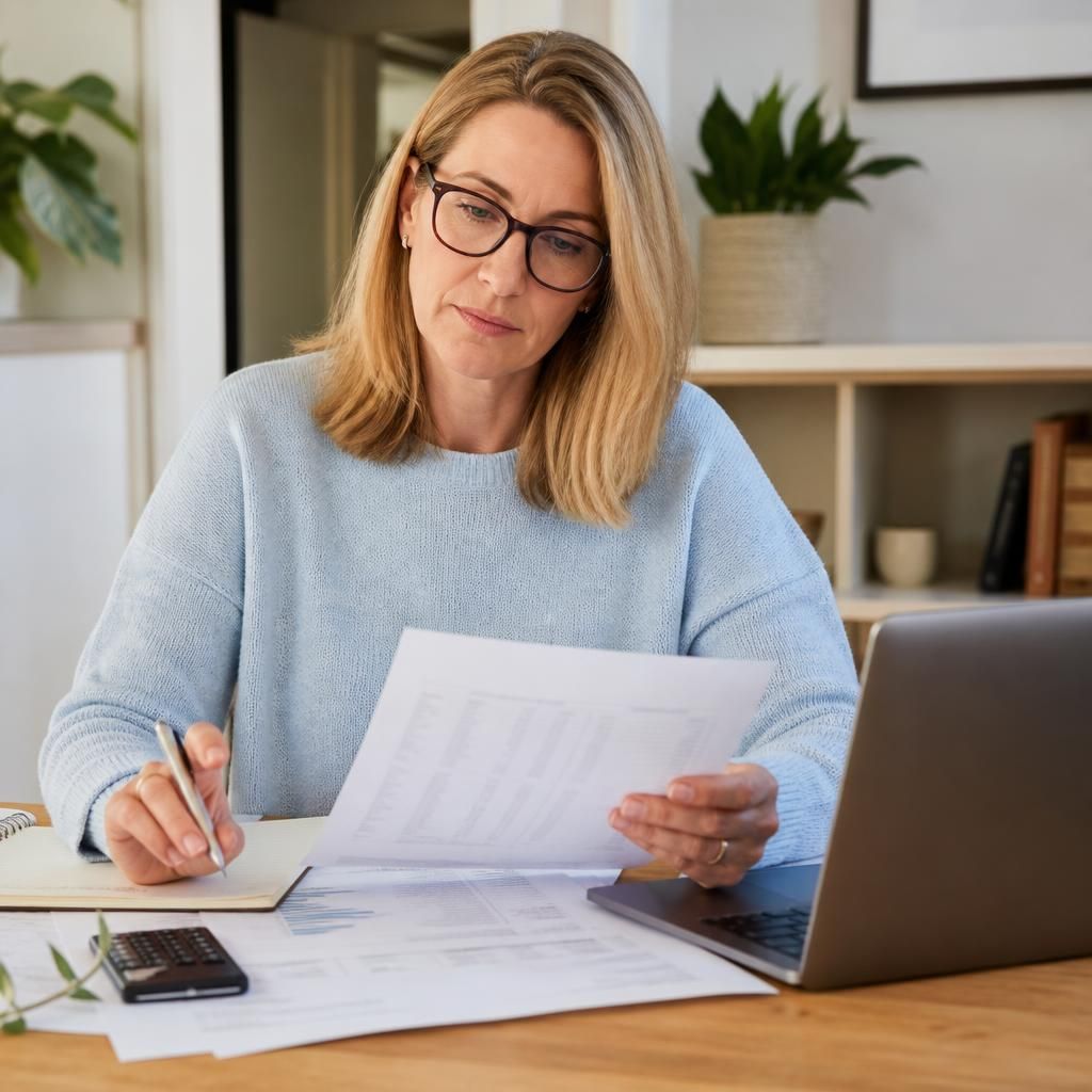 Foster carer reviewing payment records and tax documents at a desk