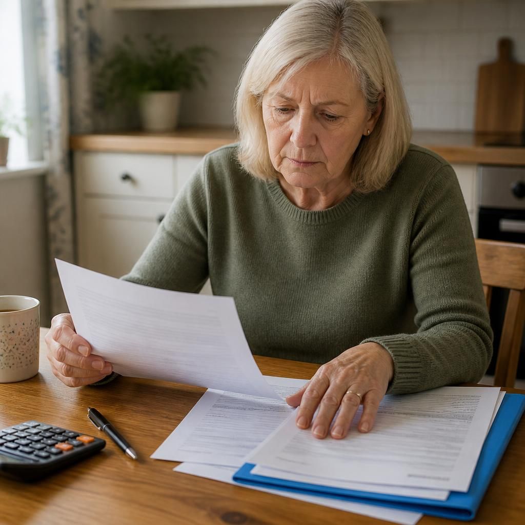 Grandparent reviewing a written payment agreement and placement records at a table