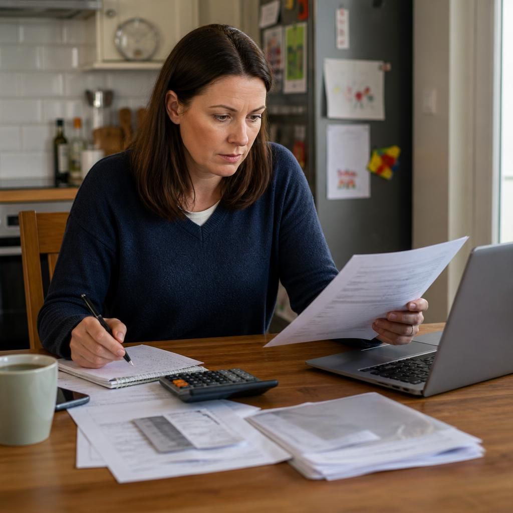 Foster carer reviewing household finances and official paperwork at a kitchen table