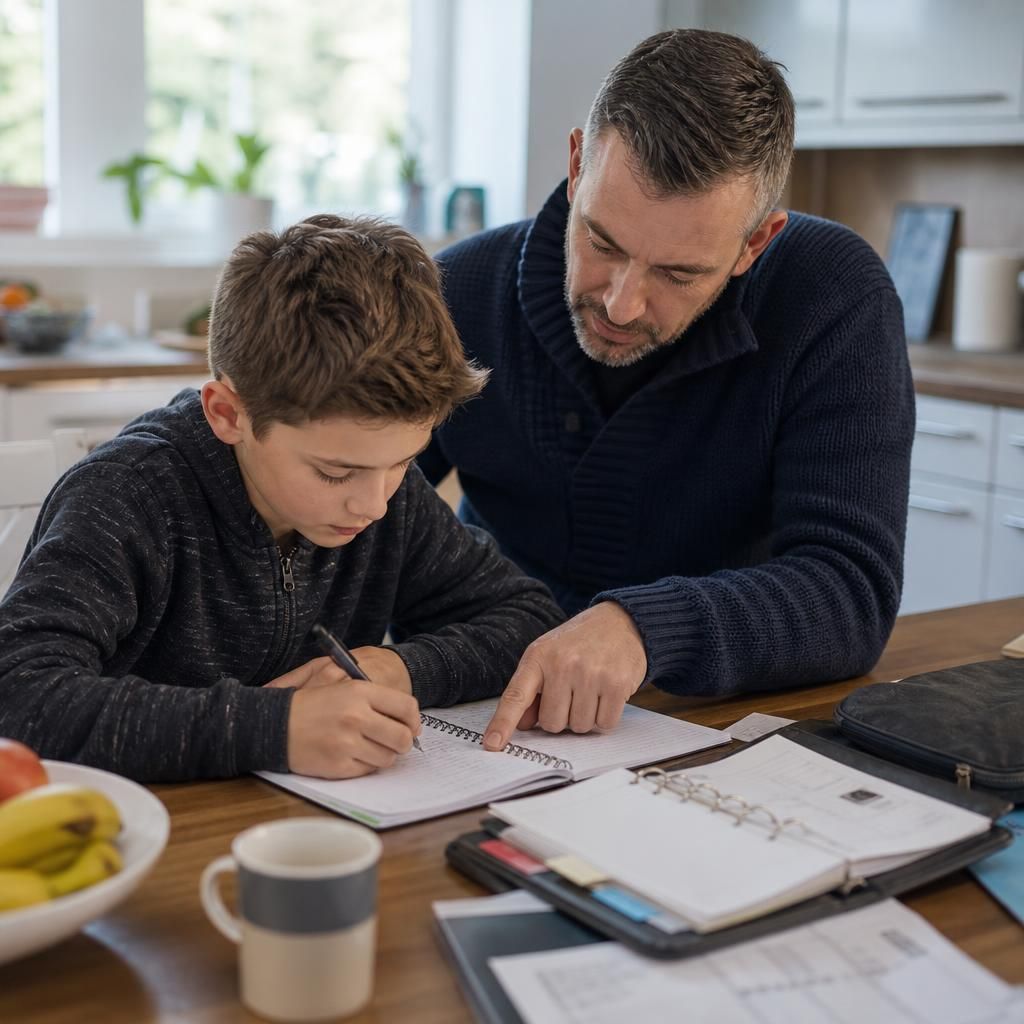 Foster carer helping a child organise schoolwork and daily activities