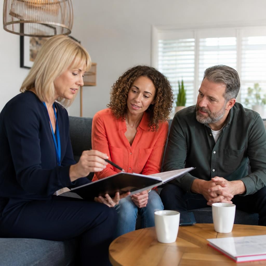 Fostering social worker discussing assessment paperwork with prospective carers at home